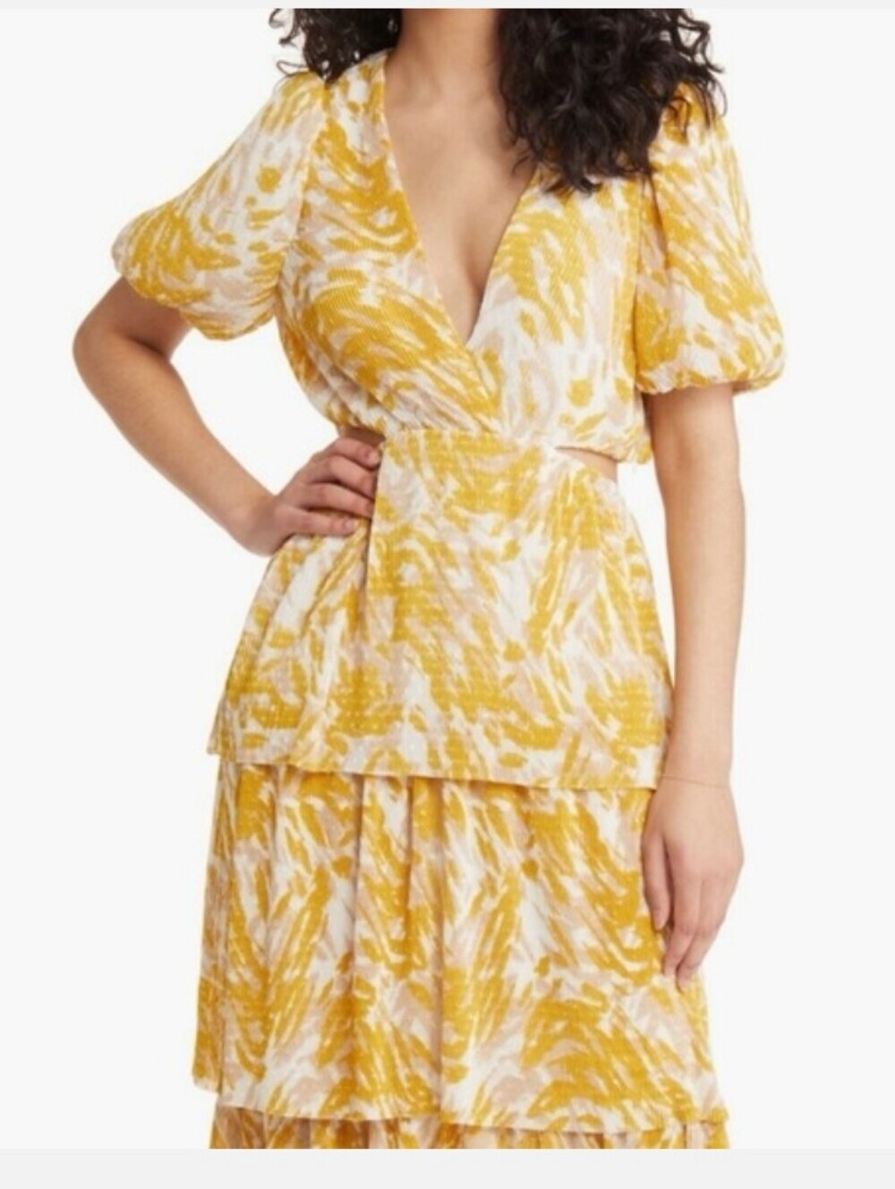 NWT Charles Henry Yellow Printed V-Neck Tiered Women's Dress Size Medium